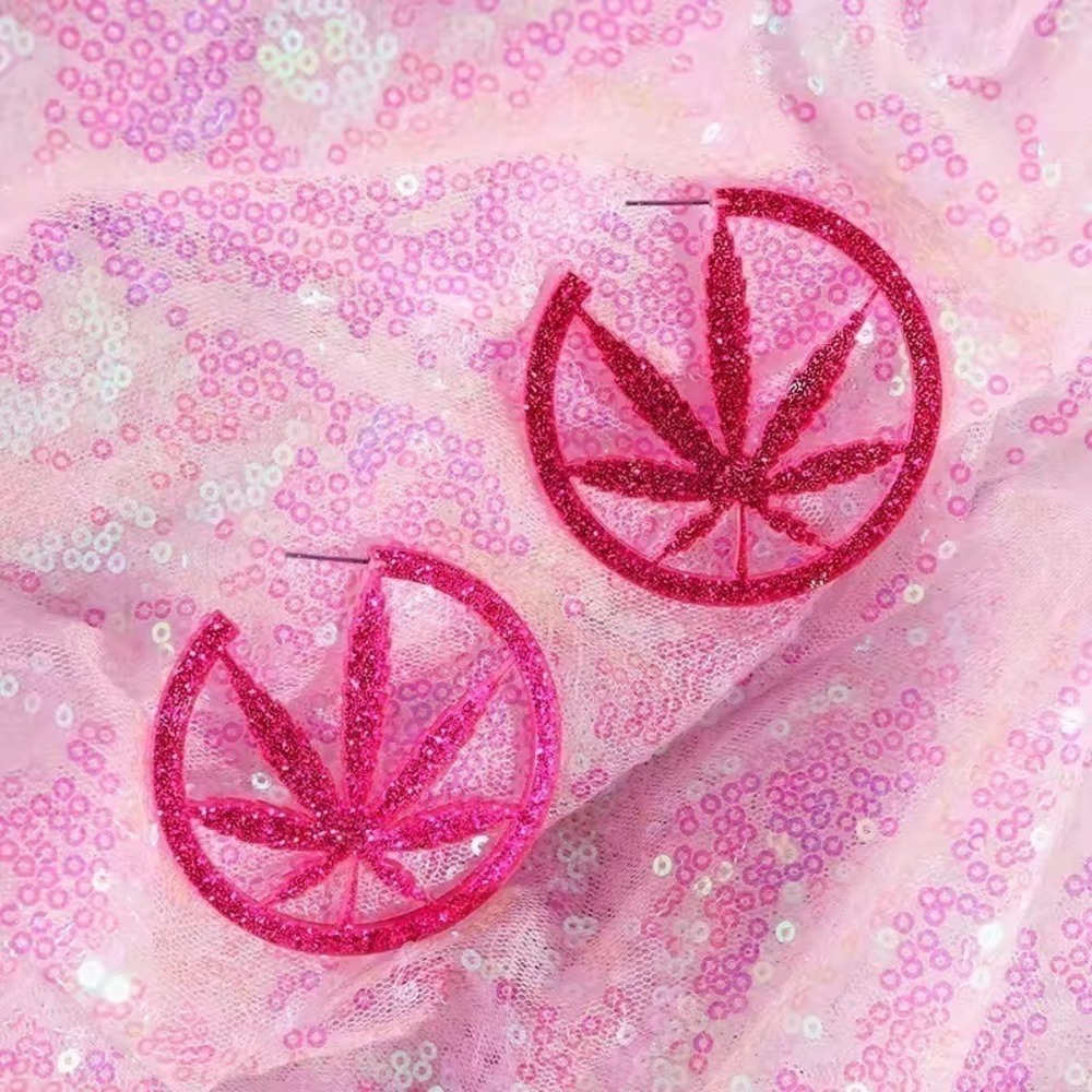 New Sparkly Pink Glitter Weed Leaf Cannabis Hoop Earrings Y2k Pot